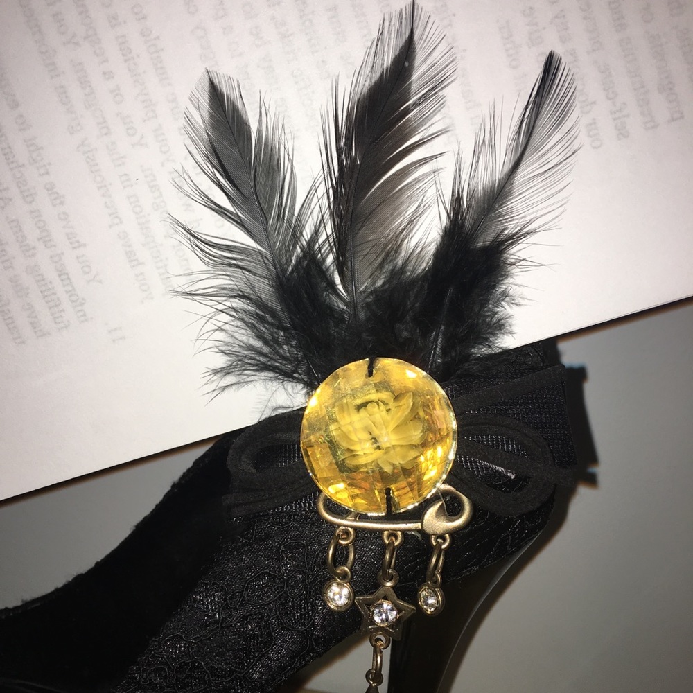 Black Lace Feather Stilettos with Bow and Charms - Picture 3 of 7